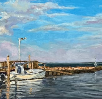 oil painting rock harbor scenery of ocean and small boat