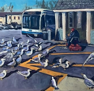 oil painting, scene of old lady feeding seagull in front of bus stop at Stop & Shop in Orleans