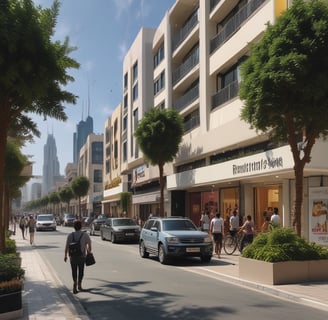 A bustling street scene featuring a row of shops and a property agency with bright signage, a pedestrian walking by, and a black vehicle passing along the road. In the foreground, a traffic sign and some greenery are visible.
