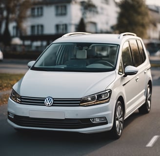 a white volkswagen e - golf driving down a street