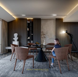 a woman sitting at a dining table with a vase of flowers- 3D Rendering