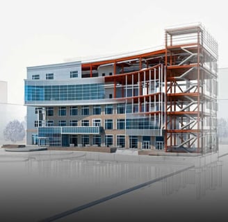 a building with a large building in the background- BIM