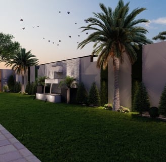 a modern house with a large backyard area- 3D rendering services