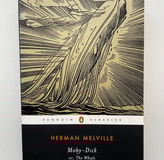 a book with a picture of a man in a boat, Moby dick