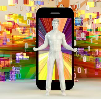a man standing in front of a phone with a phone