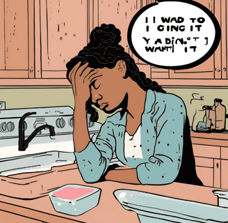 “A person reluctantly washing dishes with crossed arms, a thought bubble reading ‘I was going to do