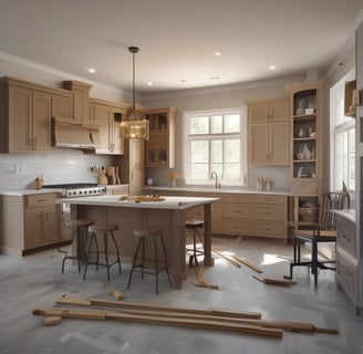 Luxury kitchen with island, pendant lights, and beige cabinets