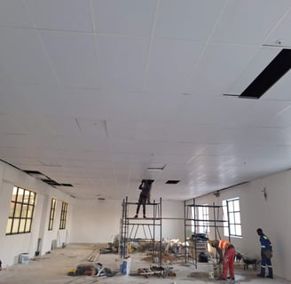Suspended ceiling nearing completion for commercial renovation project, Belair Shopping Centre, Randburg