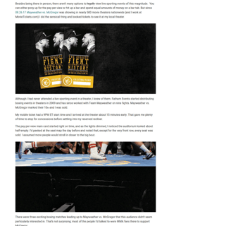 Blog writing sample titled "I Watched Mayweather vs McGregor Live in a Theater: My Experience."