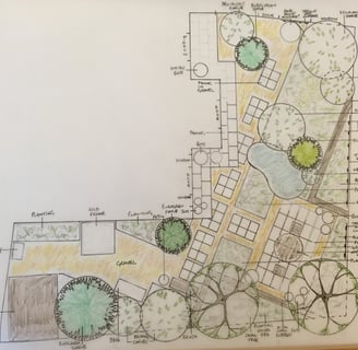 colour plan-view garden design for small urban garden showing paving, pond, lawn, raised beds, trees