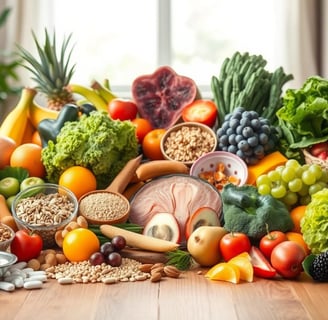 Colorful plate of nutrient-rich foods for women over 40: salmon, leafy greens, berries, and nuts