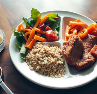 Colorful plate of nutrient-rich foods for women over 40: salmon, leafy greens, berries, and nuts