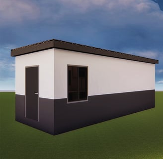 a small house with a small white house in the grass. double lodge. eps panel. portable. affordable. 