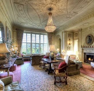 Bovey Castle's lounge with fireplace