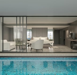 a pool with a view of a living room and a dining room