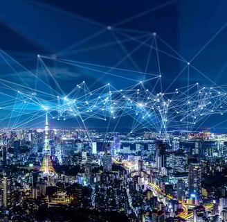 a cityscape with a network of connected - by - wire and network connections