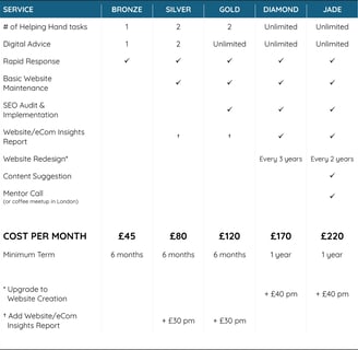 Table that breaks down what services are included in the Bronze, Silver, Gold, Diamond and Jade tiers of monthly service