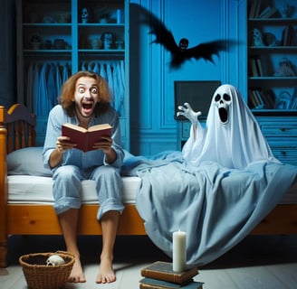 a man is reading a book and a ghost sitting next to him