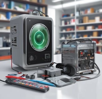 A small, cluttered workshop filled with various tools, boxes, and merchandise, including batteries, stationery, and small electronic items. A person wearing glasses and a face mask is focused on working at the station, using a tool on a small item. The walls are densely packed with shelves holding neatly arranged products.