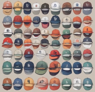 A neatly arranged display of white bucket hats sits on multiple shelves. Each hat is embroidered with words in different languages and colors, such as red, yellow, purple, and green. The hats are organized in a spacious, grid-like pattern within an indoor setting.