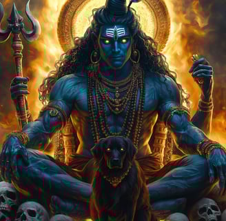A fierce depiction of Kala Bhairav, a dark and wrathful form of Lord Shiv