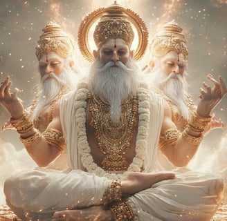 three headed brahma meditating in celestial sky