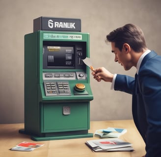 A digital payment card reader is floating in mid-air against a blurred background that includes green foliage and a gray wall. The device features a numeric keypad and has a contactless payment symbol displayed on its screen.