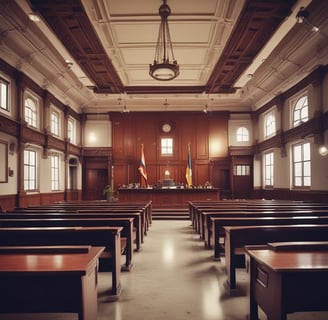 A courtroom with rich wooden paneling and a red curtain behind the judge's bench. The room features a central podium with a computer monitor, pale green carpet, and framed artwork on the wall. It is illuminated by overhead lighting, creating a formal and orderly atmosphere.