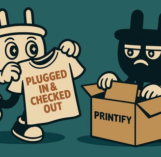 Plugsy proudly holds up a custom T-shirt featuring his own face, while Smugsy reluctantly packages m