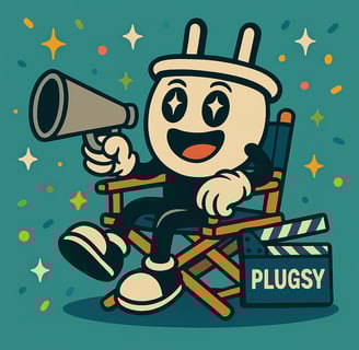 Plugsy sits in a director’s chair holding a megaphone, surrounded by floating video clips and a glow