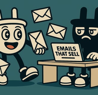Plugsy cheerfully delivers flying envelopes while Smugsy sits at a desk typing on a laptop labeled ‘
