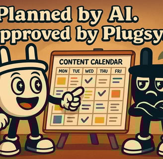 Plugsy excitedly presents a colorful weekly content calendar while Smugsy skeptically evaluates it w