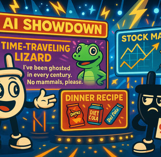 Plugsy stands confidently in a game show setting titled ‘AI Prompt Battle,’ holding a buzzer as Clau