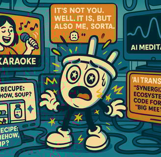 Plugsy stands panicked in a room full of AI tool screens. One screen says ‘AI Karaoke’ with a woman 