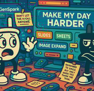 Plugsy looks panicked in a colorful control room labeled ‘GenSpark,’ while Smugsy smirks confidently