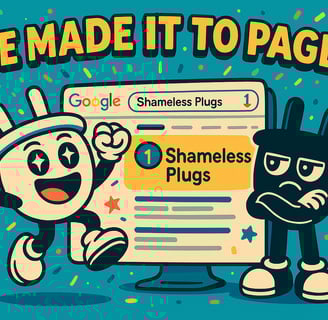 Plugsy jumps in the air holding a glowing plug-shaped trophy, while Smugsy casually sips coffee besi