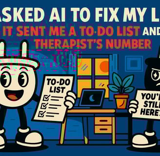 Funny cartoon illustration of AI productivity struggle featuring Plugsy juggling alarm clocks and to