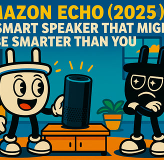 Colorful cartoon illustration of Plugsy and Smugsy in a smart home setting. Plugsy excitedly gesture