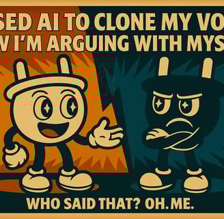Vintage-style digital illustration of Plugsy the cartoon plug character facing a shadowy duplicate o