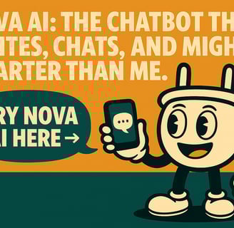 Retro-style digital illustration promoting Nova AI chatbot. Features Plugsy holding a smartphone dis