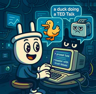 Cartoon plug characters generating funny AI image prompts on a computer, including a duck giving a T