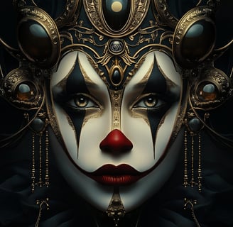 Jester clown with gold, red, black face paint, beautiful eyes lies sunrays. gold adornments