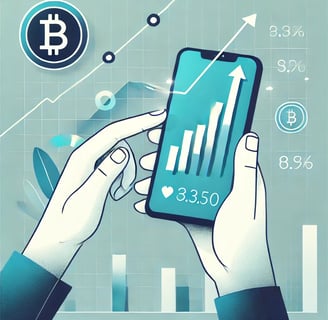 Illustrazione minimalista di un investitore che analizza un grafico Bitcoin su smartphone