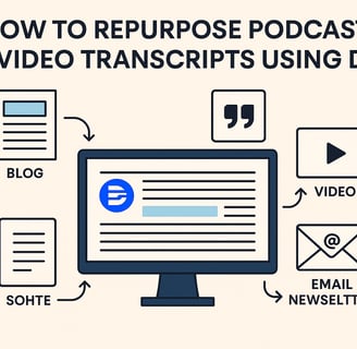Infographic showing a computer screen with a Descript transcript in the center, surrounded by icons 