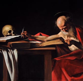 a man sitting at a table with a skull head