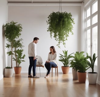 A couple sits on the wooden floor of a minimalistic room with white walls and curtains. They are smiling at each other, displaying a sense of intimacy and connection. Two potted plants are placed beside them, adding a touch of greenery to the serene environment.