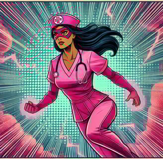 Nurse Nova vigilantly flying through the clouds in her pink scrub super suit with hands glowing with pink healing power.