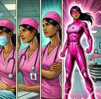 Nurse nova wearing signature pink scrubs and cap transforming into Nurse Nova wearing a pink electricity beaming hero suit.
