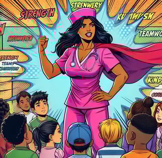 Nurse nova in pink superhero scrubs with glowing blue energy behind her surrounded by a group of diverse children.