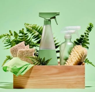 a wooden box with a bottle of cleaner